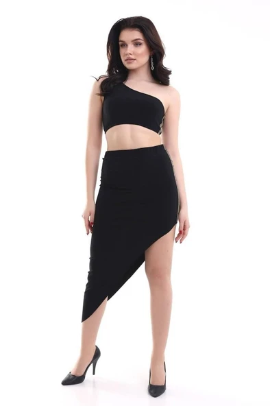 Kadın Tek Omuzlu Asimetrik Etek Şerit Detaylı Fırsat Ürün Sandy Kumaş İkili Takım - Resim 4