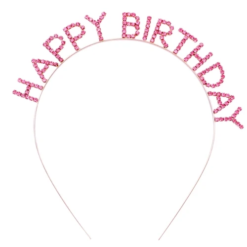 Pembe Kristal Taşlı Gold Happy Birthday Taçı ürün görseli