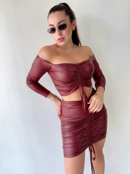 Kadın Büzgülü Deri Etek Takım Fırsat Ürün - Resim 5