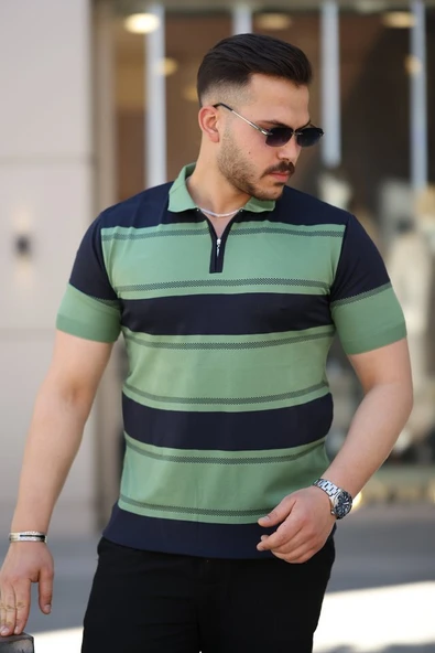 Erkek Yakalı Fermuarlı çift Renk Kısa Kollu T-shirt - Resim 4