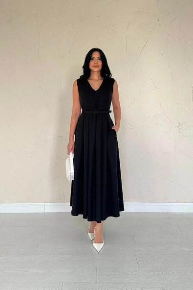 Siyah Önü Britli Pileli Elbise - Resim 5