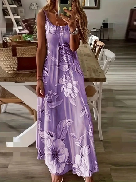 Kadın Askılı Yuvarlak Yaka Etek Geniş Kesim Desenli Süprem Elbise - Resim 3