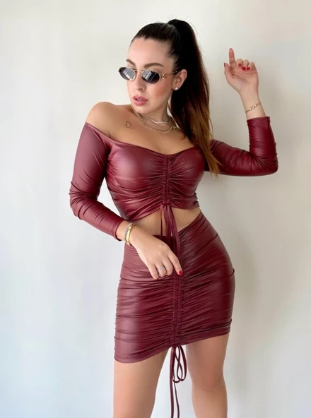 Kadın Büzgülü Deri Etek Takım Fırsat Ürün - Resim 4