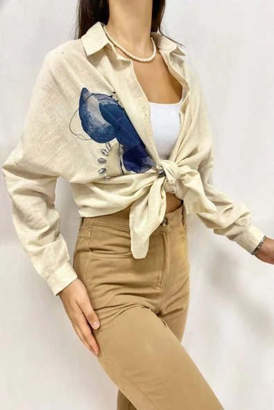 Bej Taş İşlemeli Keten Gömlek - Resim 3