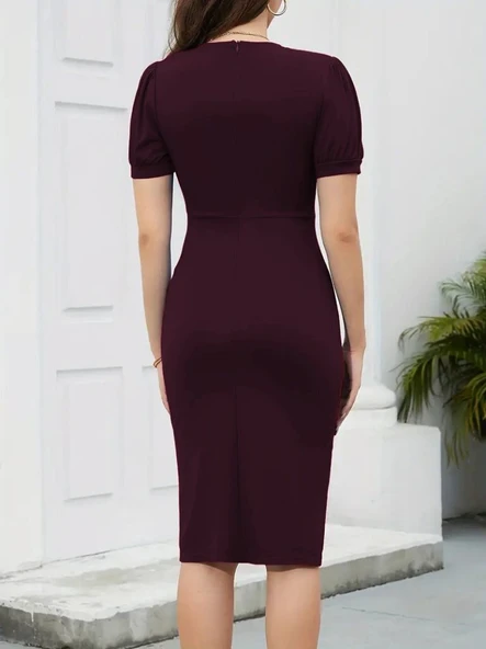 Kadın Kısa Kollu V Yakalı önden Fırfırlı Ithal Krep Elbise - Resim 4