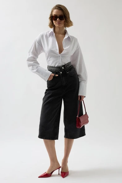 Çift Kemerli Bermuda Denim Şort - Resim 3