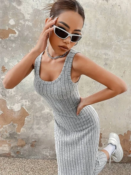 Kadın Kalın Askılı Kare Yaka Fitilli Kaşkorse Midi Boy Elbise - Resim 4