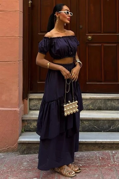 Büzgülü Crop Kat Detaylı Fırfır Etekli Takım 10196 - Resim 21