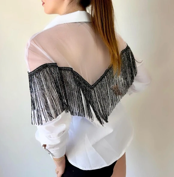 Kadın Püskül Detay Poplin Gömlek Bluz Fırsat Ürün - Resim 2