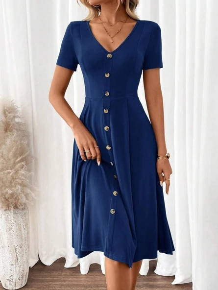 Kadın Kısa Kollu V Yakalı önden Düğmeli A Kesim Dokuma Elbise - Resim 3