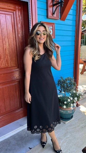 Kadın Kolsuz Etek Ucu Lazer Kesim çiçek Desenli Midi Boy Janjan Krep Elbise - Resim 3