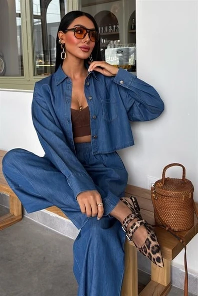 Denim Gömlek Plazzo Pantolon Takım 10163-08 - Resim 2