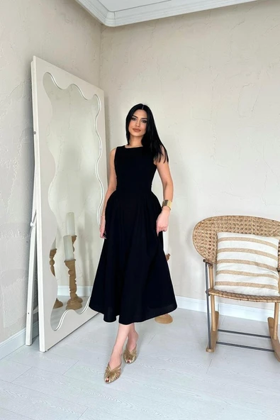 Siyah Yanları Büzgülü Midi Boy Keten Elbise - Resim 2