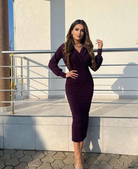 Kadın Uzun Kollu Kruvaze Yaka Büzgü Ve Balon Kol Detay Krep Kumaş Maxi Boy Simli Elbise - Resim 7