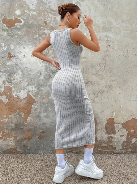 Kadın Kalın Askılı Kare Yaka Fitilli Kaşkorse Midi Boy Elbise - Resim 13