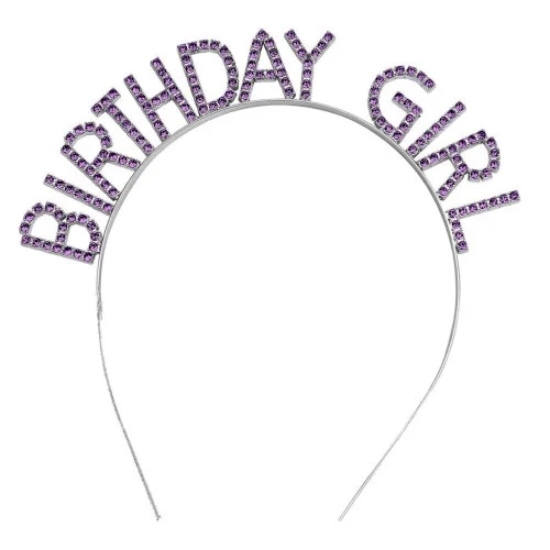 Mor Renk Kristal Taşlı Parlak Birthday Girl Yazılı Taç - 1