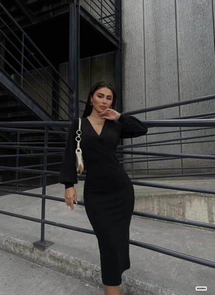 Kadın Uzun Kollu Kruvaze Yaka Büzgü Ve Balon Kol Detay Krep Kumaş Maxi Boy Simli Elbise - Resim 3