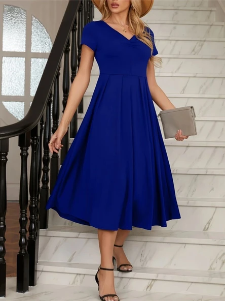 Kadın Kısa Kollu V Yakalı önden Pileli Midi Janjan Krep Elbise ürün görseli