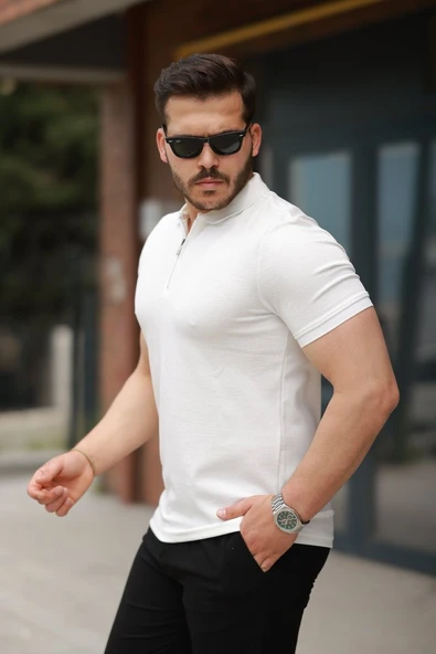 Erkek Fermuarlı Yaka Kısa Kollu Tişört - Resim 2