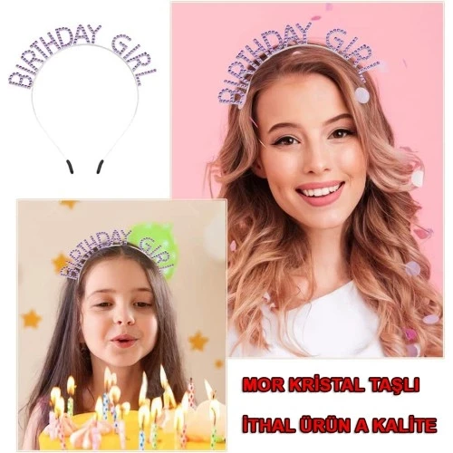 Mor Renk Kristal Taşlı Parlak Birthday Girl Yazılı Taç - 2
