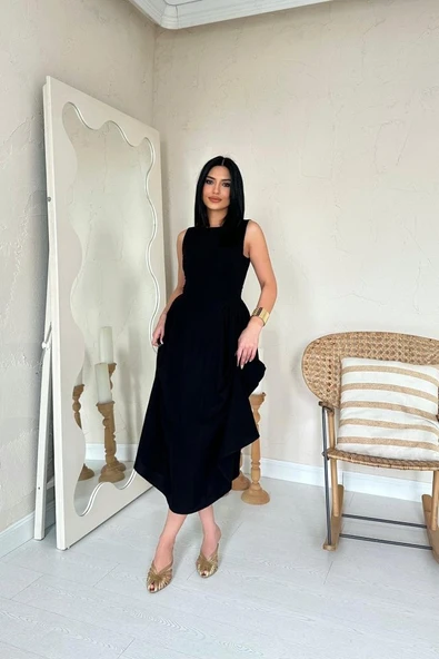 Siyah Yanları Büzgülü Midi Boy Keten Elbise - Resim 7