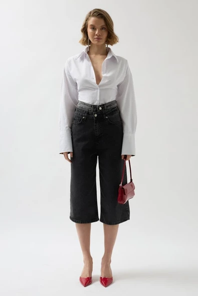 Çift Kemerli Bermuda Denim Şort - Resim 2