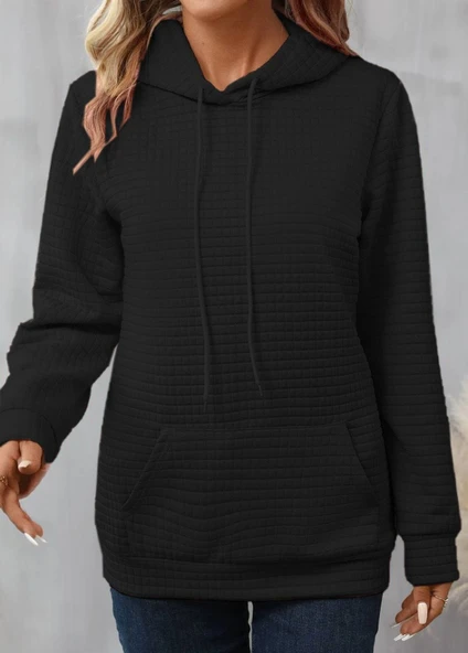 Kadın Uzun Kollu Kapşonlu Bağcıklı Cepli Capitone Sweatshirt - 2
