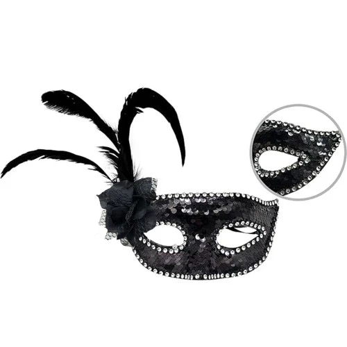 Siyah Yandan Tüylü Güllü Taşlı Pullu Maske - 1