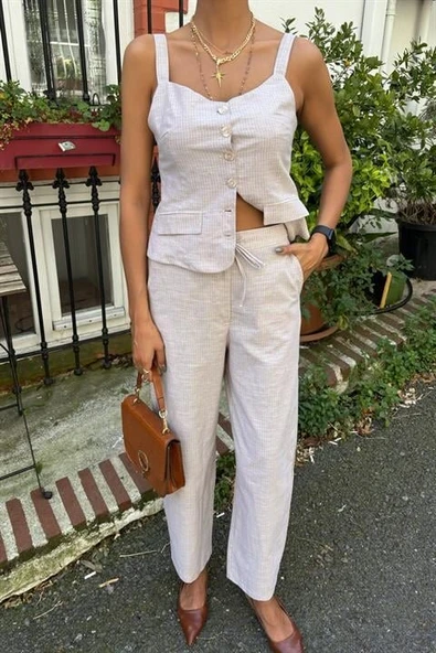 Kalın Askılı Bluz Pantolon Keten Takım 10187 - Resim 3