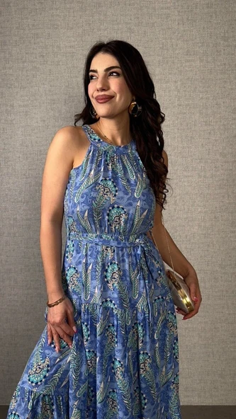 Kadın Omuzlardan Açık Boyundan Geçmeli Desenli Süprem Bluz - Resim 5