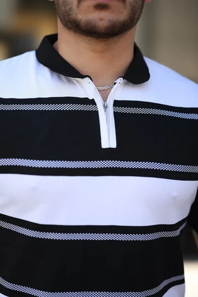 Erkek Yakalı Fermuarlı çift Renk Kısa Kollu T-shirt - Resim 3