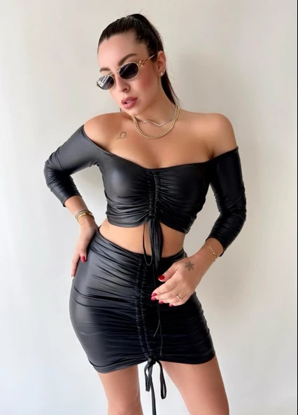 Kadın Büzgülü Deri Etek Takım Fırsat Ürün - Resim 5