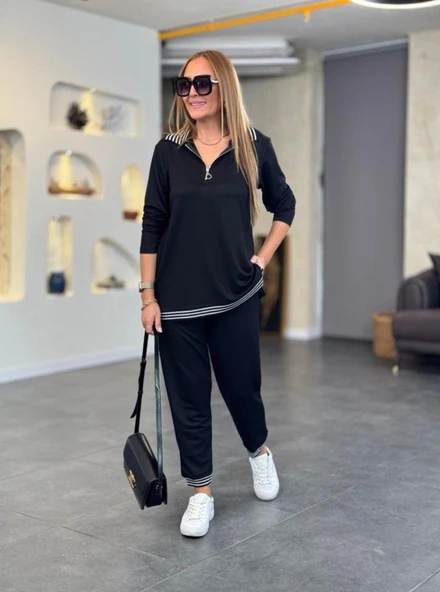 Kadın Uzun Kollu Ribana Ve Fermuar Detay Bluz Ve Yüksel Bel Pantolon 2li Takım - Resim 4