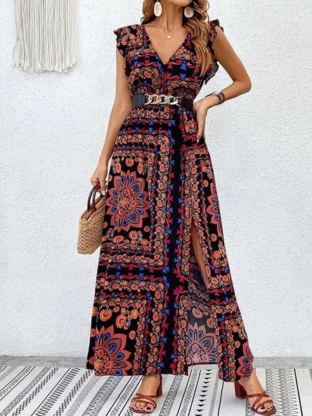 Kadın Kısa Kollu V Yakalı Deseni Yırtmaçlı Süprem Elbise - Resim 6