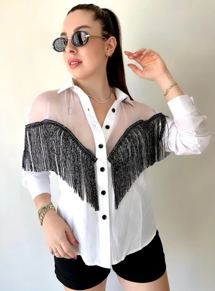 Kadın Püskül Detay Poplin Gömlek Bluz Fırsat Ürün - Resim 4