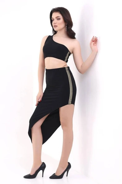 Kadın Tek Omuzlu Asimetrik Etek Şerit Detaylı Fırsat Ürün Sandy Kumaş İkili Takım - Resim 9