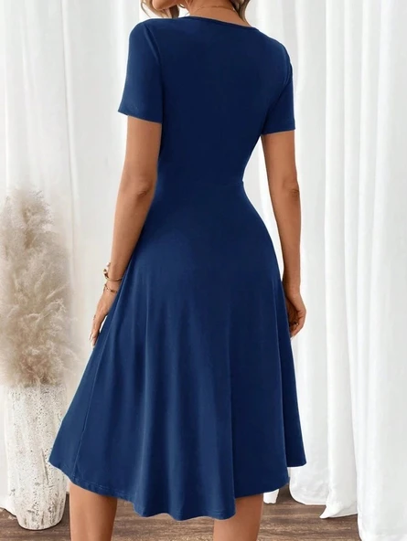 Kadın Kısa Kollu V Yakalı önden Düğmeli A Kesim Dokuma Elbise - Resim 4