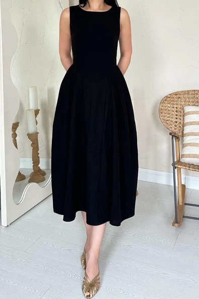 Siyah Yanları Büzgülü Midi Boy Keten Elbise - Resim 8