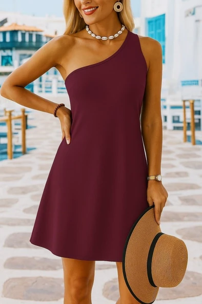 Kadın Tek Omuz Askılı Krep Mini Elbise ürün görseli