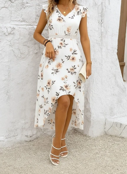 Kadın Kısa Kollu V Yakalı çiçek Desenli önü Kısa Arkası Uzun Pegasus Elbise ürün görseli
