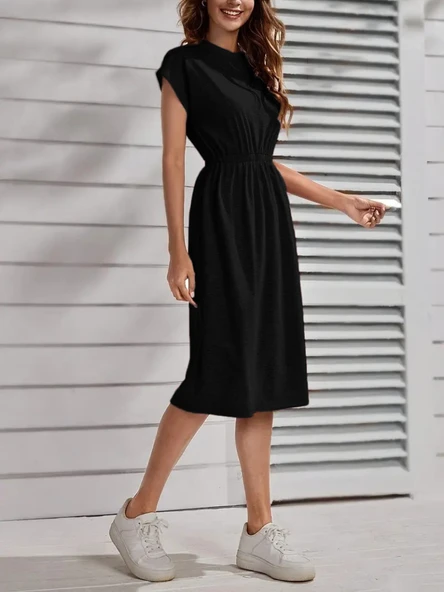 Kadın Kısa Kollu Bisiklet Yaka Belden Lastikli Midi Viskon Elbise - Resim 2