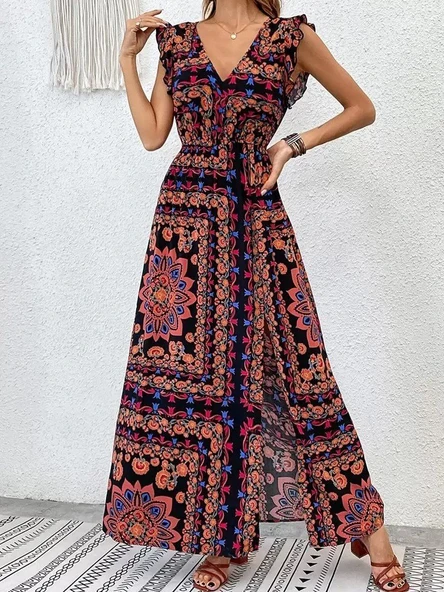 Kadın Kısa Kollu V Yakalı Deseni Yırtmaçlı Süprem Elbise - Resim 5