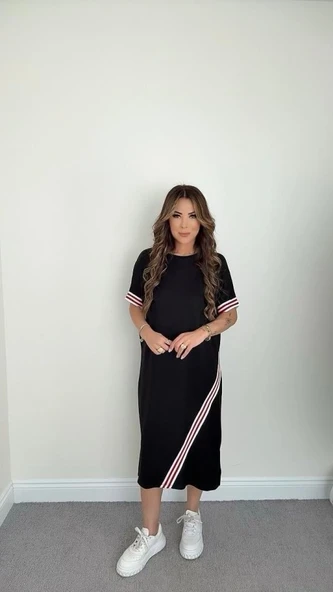 Kadın Kol Ve Etek şerit Detaylı Midi Boy Elbise - Resim 3