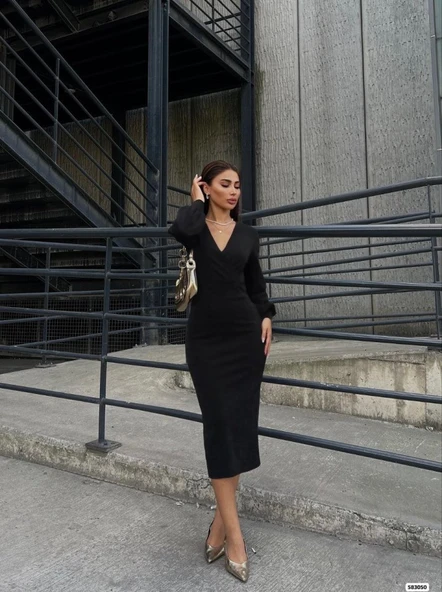 Kadın Uzun Kollu Kruvaze Yaka Büzgü Ve Balon Kol Detay Krep Kumaş Maxi Boy Simli Elbise - Resim 5