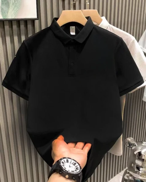 Yakası Düğmeli Yakalı Pike Düz T-Shirt - Siyah ürün görseli