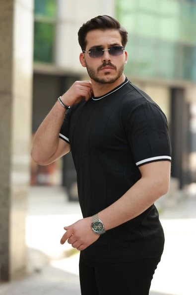 Erkek Bisiklet Yaka çizgi Desenli Ribanalı Kısa Kollu Tshirt - Resim 2