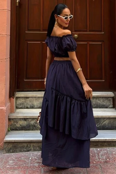 Büzgülü Crop Kat Detaylı Fırfır Etekli Takım 10196 - Resim 16