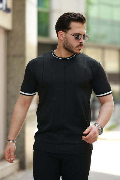 Erkek Bisiklet Yaka çizgi Desenli Ribanalı Kısa Kollu Tshirt ürün görseli