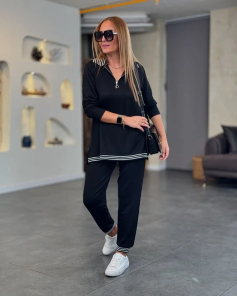 Kadın Uzun Kollu Ribana Ve Fermuar Detay Bluz Ve Yüksel Bel Pantolon 2li Takım - Resim 3