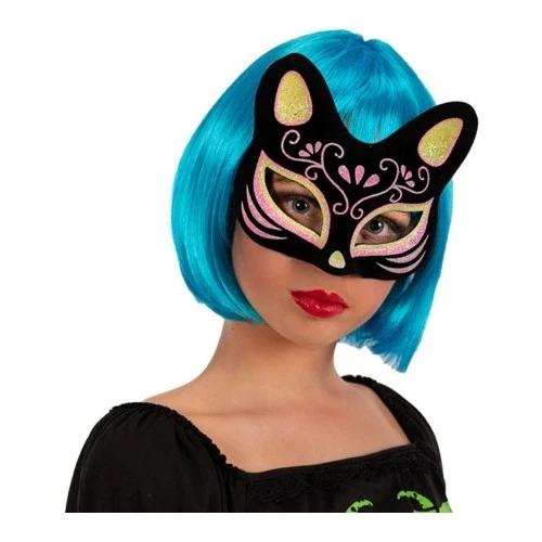 Siyah Süet Sarı Pembe Simli Kedi Maskesi - Resim 2